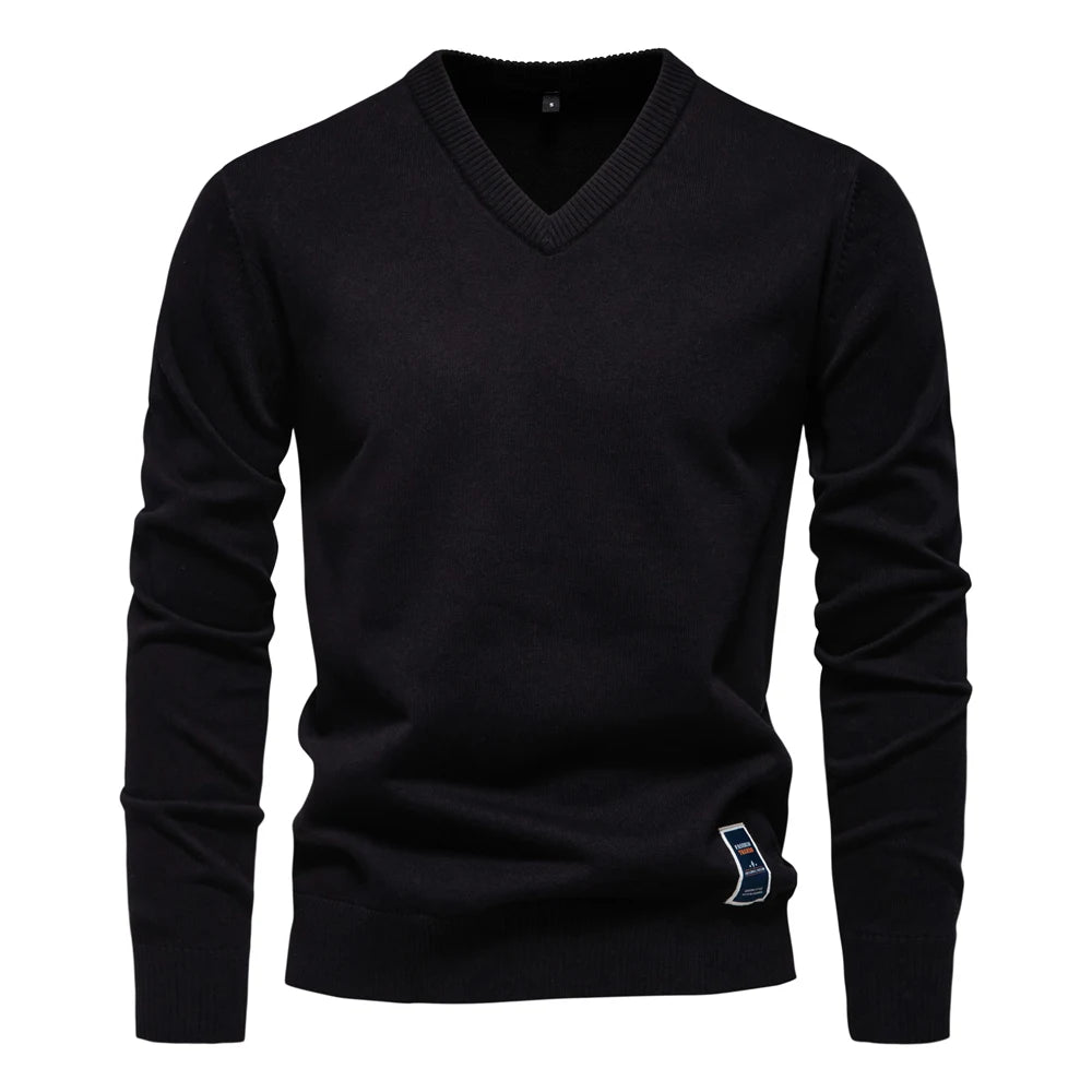 Men’s V-Neck Cotton Pullover Sweater – Casual Knitted Long Sleeve