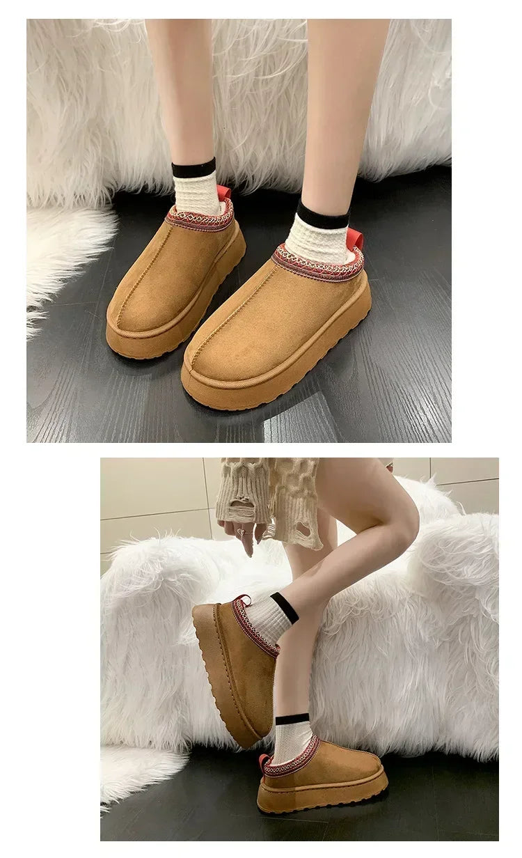 Women’s Cashmere Snow Boots – Warm Winter Half Slippers with Thick Soles