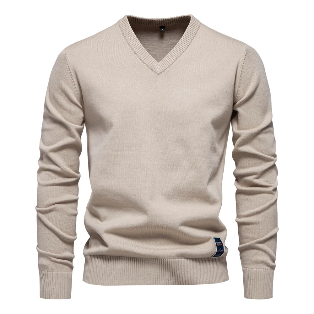 Men’s V-Neck Cotton Pullover Sweater – Casual Knitted Long Sleeve