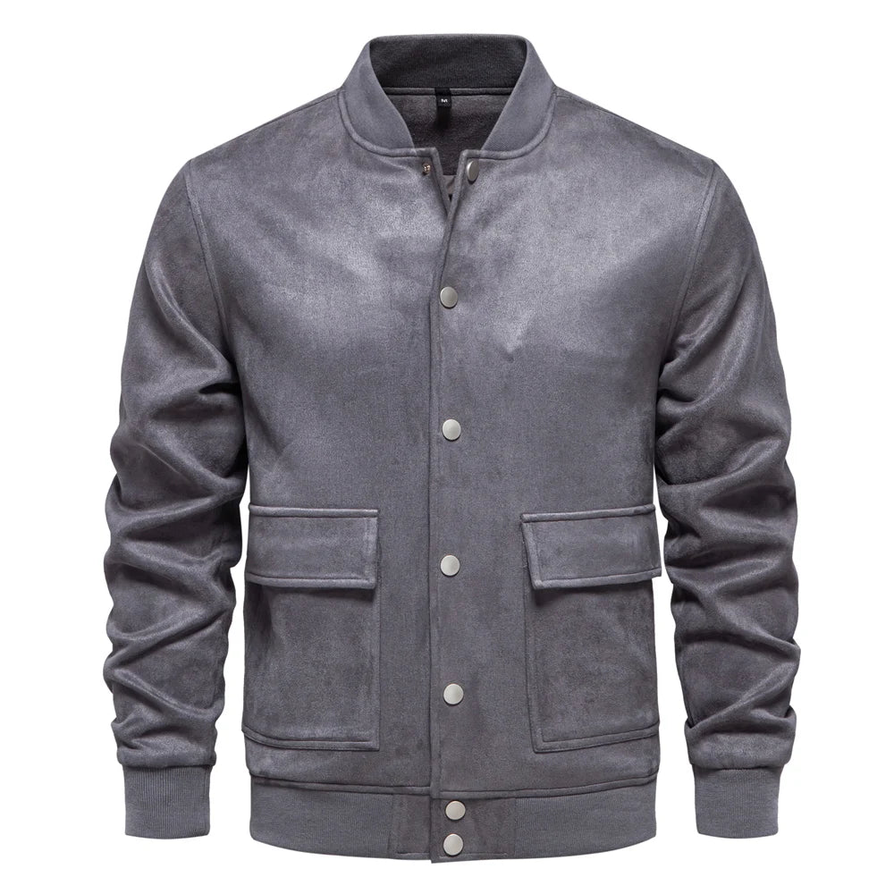 Men’s Suede Button-Up Bomber Jacket – Casual Baseball Style Outwear