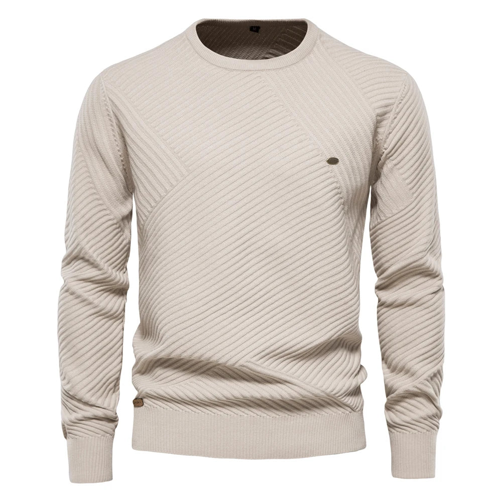 Men's Solid Color Cotton Sweater - Striped O-Neck Knitted Pullover