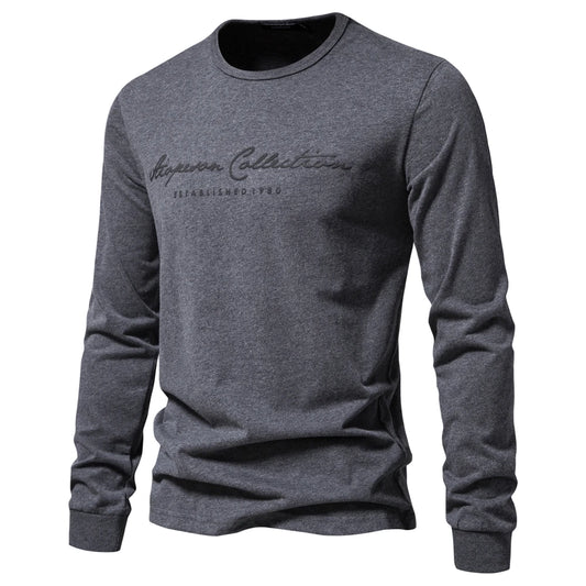 Men’s 100% Cotton Long Sleeve T-Shirt – Solid Color with Letter Print