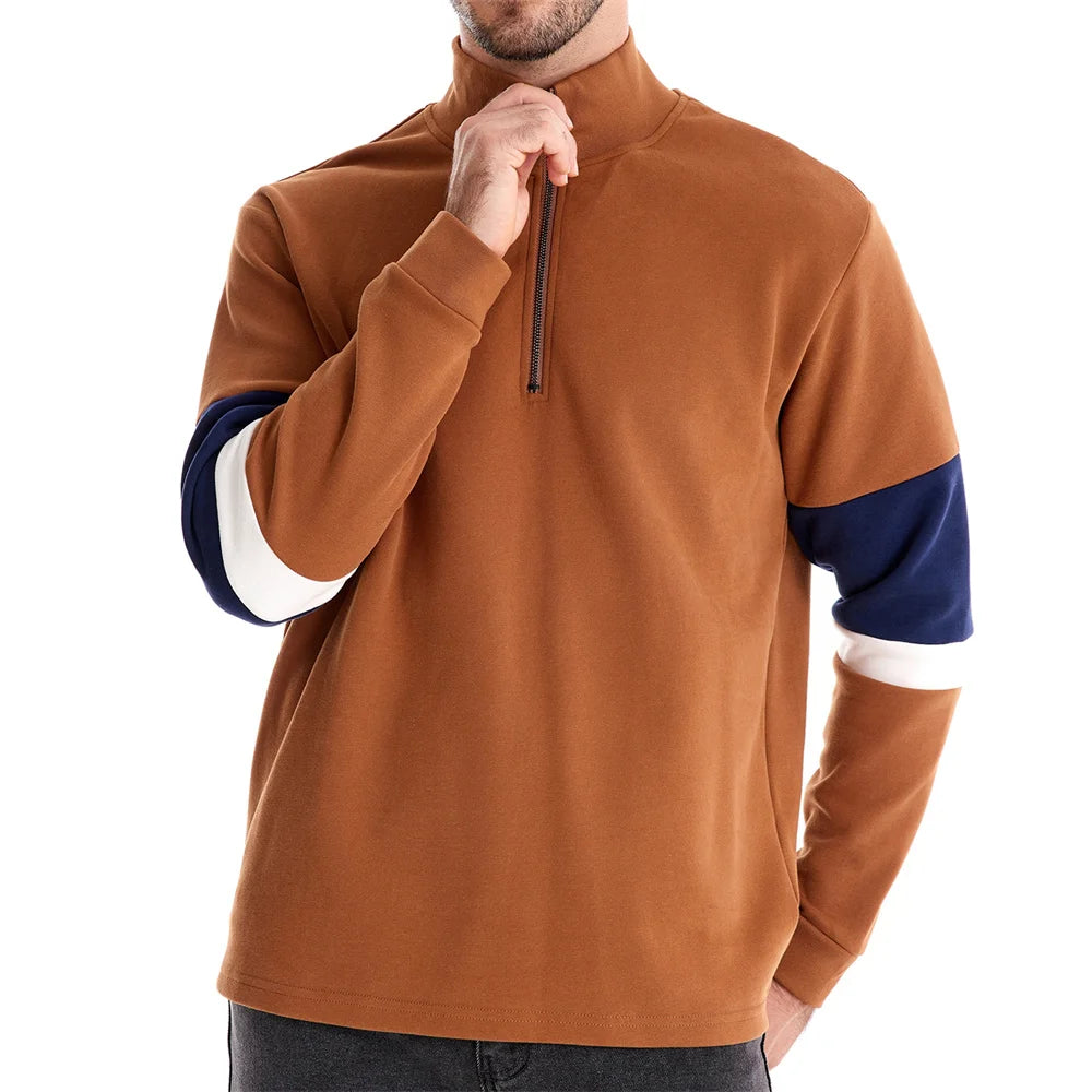 Men's Patchwork Quarter-Zip Sweatshirt - Cotton-Blend Casual Pullover