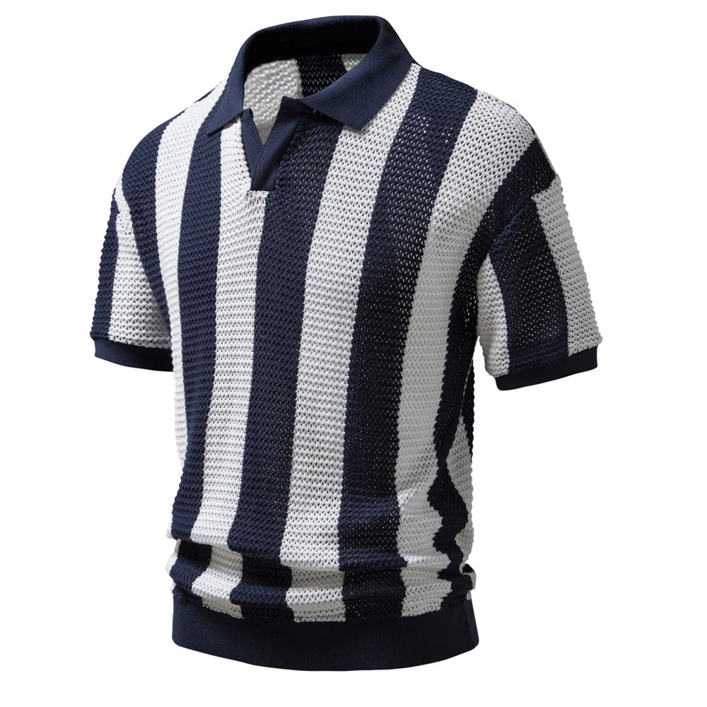 Men’s 100% Cotton Hollow-Out V-Neck Polo Shirt – Short Sleeve Knitted Summer Shirt