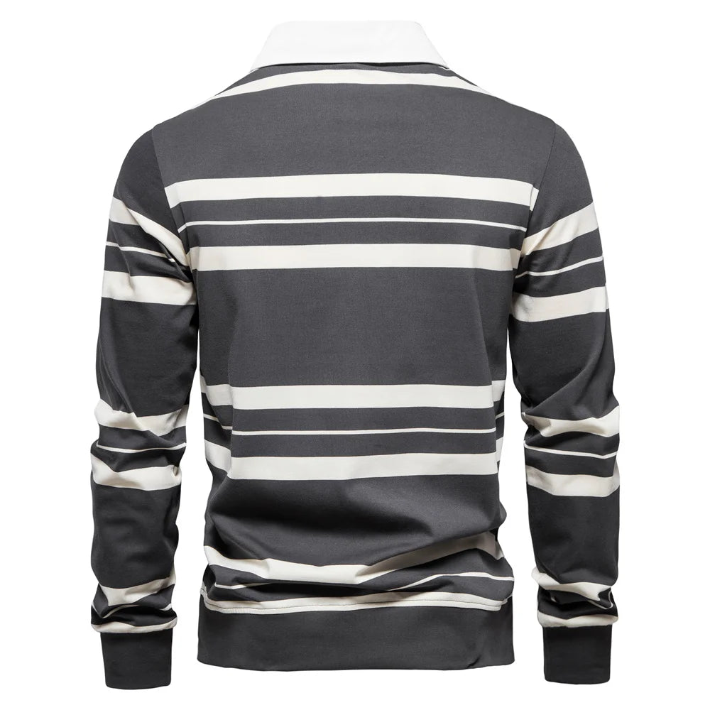 Men’s Cotton Striped Polo Shirt – Long Sleeve Zipper Design