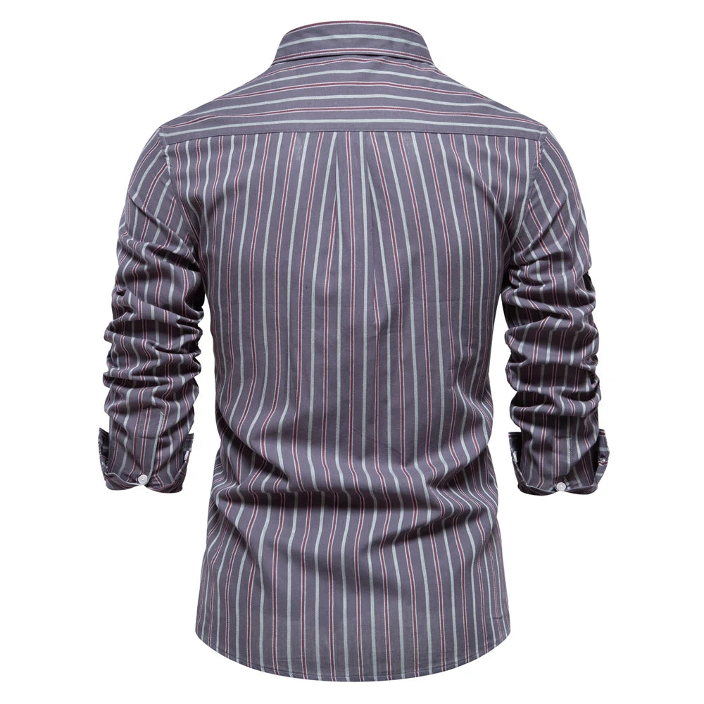 Men’s 100% Cotton Striped Shirt – Long Sleeve Turn-Down Collar Business Shirt