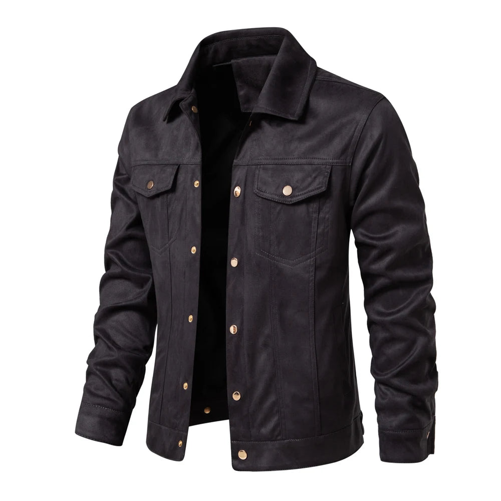 Men’s Suede Leather Jacket – Autumn Winter Luxury Casual Turn-Down Collar