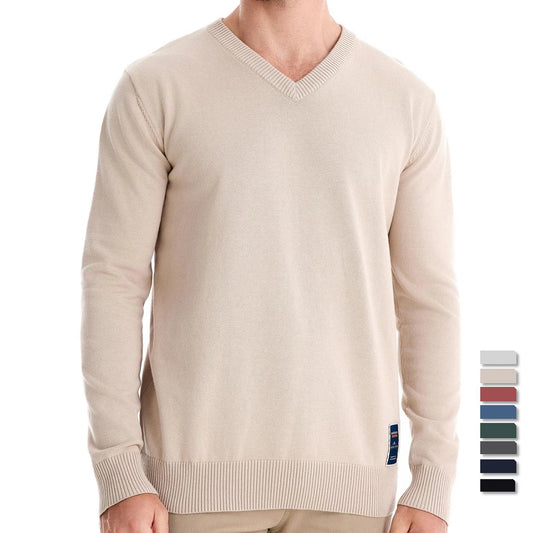 Men’s V-Neck Cotton Pullover Sweater – Casual Knitted Long Sleeve