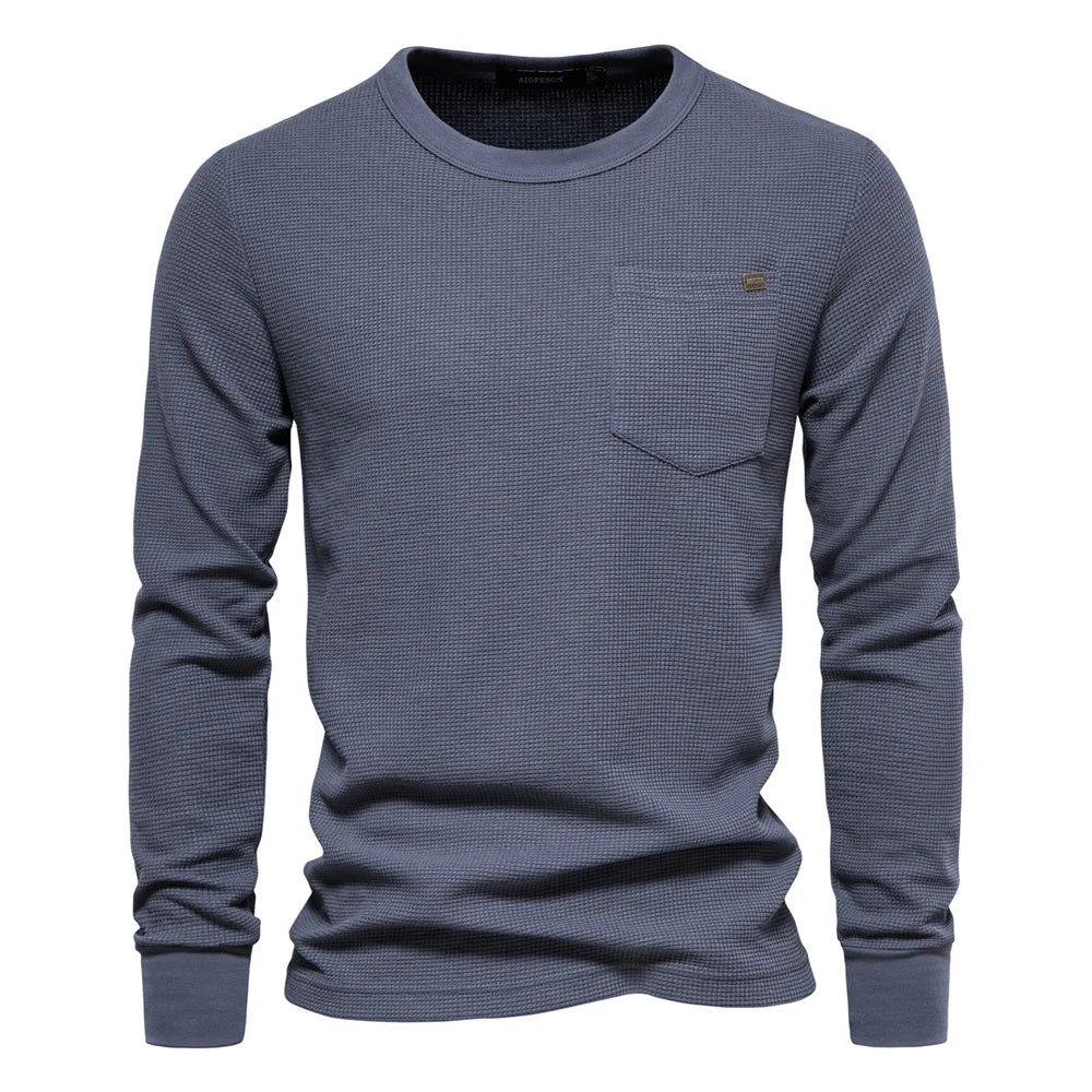 Men's Waffle Cotton Long Sleeve T-Shirt with Pocket - Breathable Spring Basic