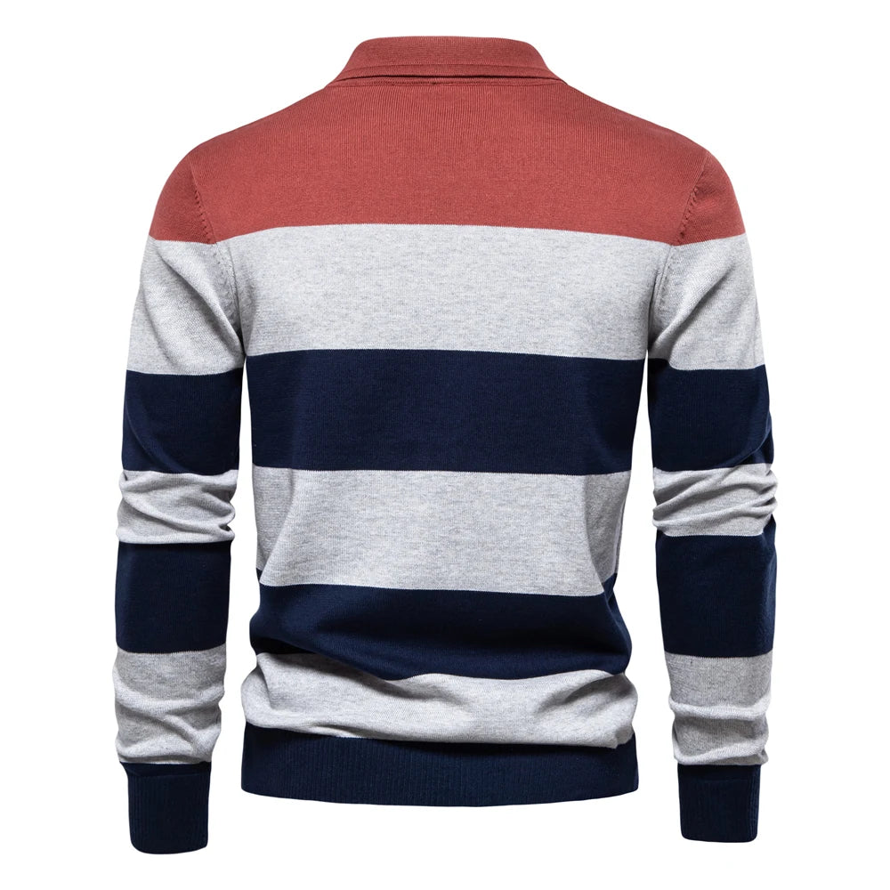 Men's Striped Cotton Knit Sweater – Polo Collar Button-Up