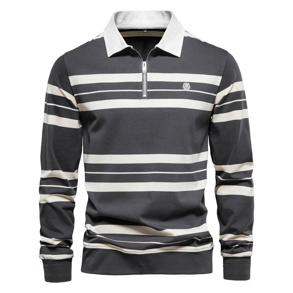 Men’s Cotton Striped Polo Shirt – Long Sleeve Zipper Design