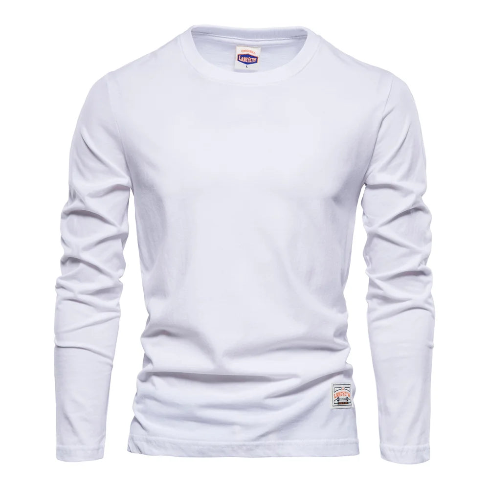 Men’s 100% Cotton Long Sleeve T-Shirt – Solid Casual Spring Classic