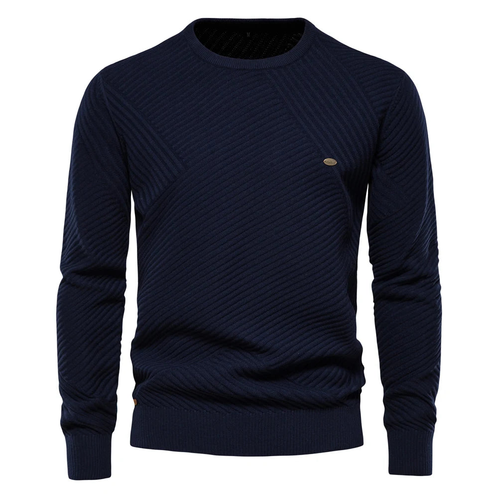 Men's Solid Color Cotton Sweater - Striped O-Neck Knitted Pullover