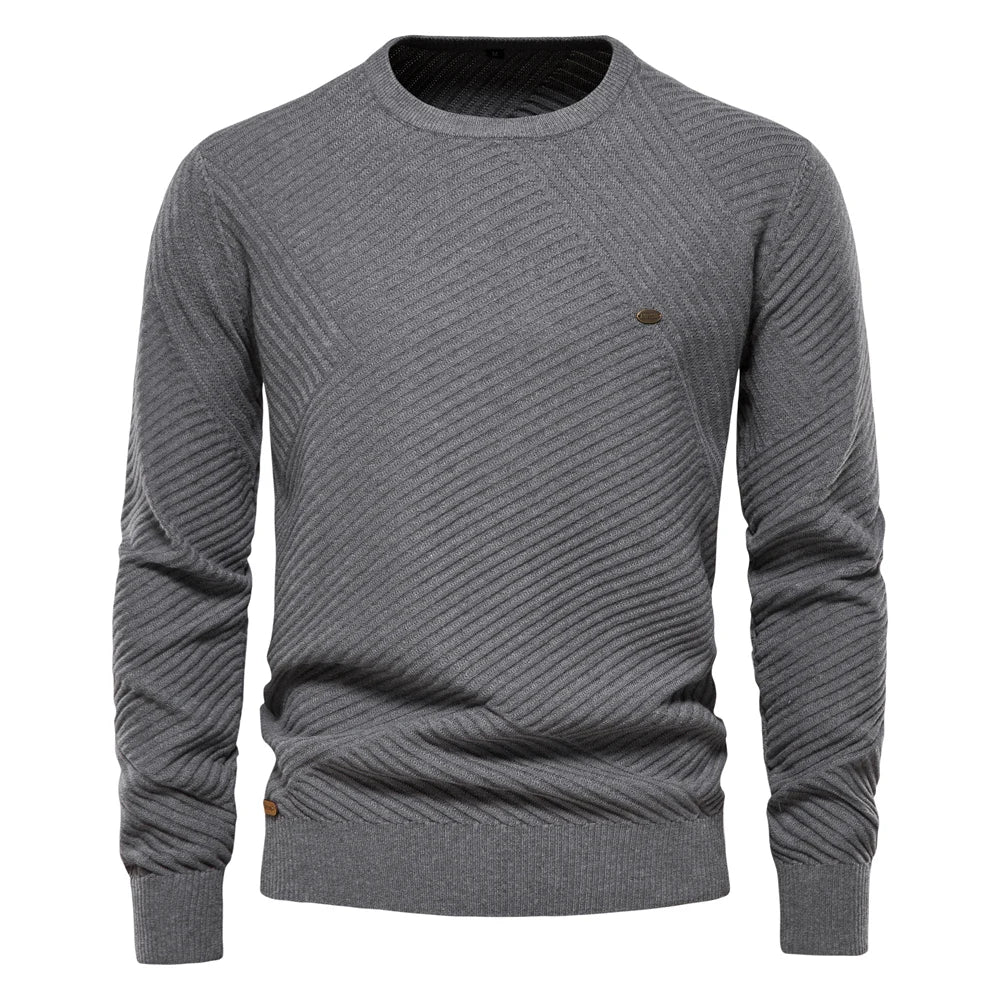 Men's Solid Color Cotton Sweater - Striped O-Neck Knitted Pullover