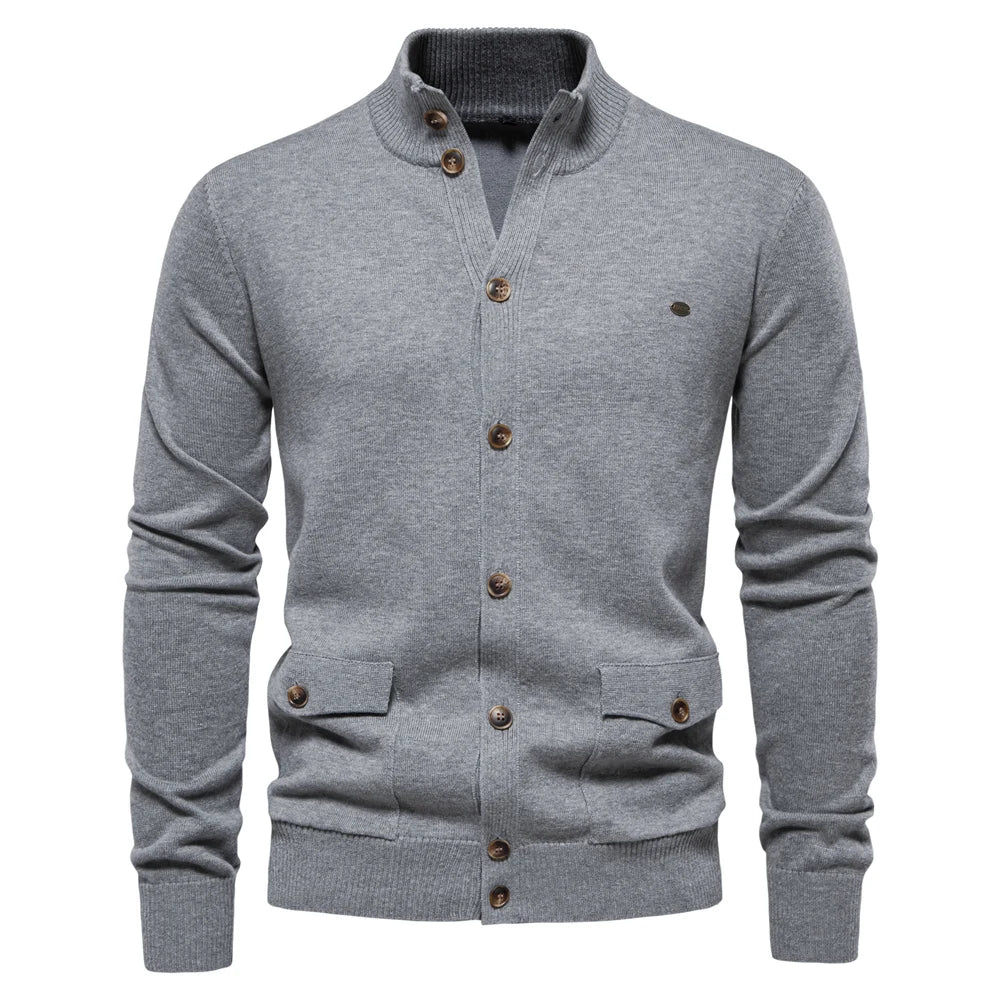 Men’s Knit Mock Neck Cotton Cardigan – Button-Up Autumn Sweater Jacket