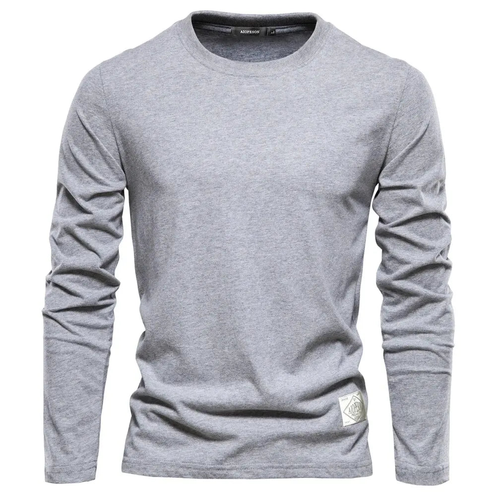 Men’s 100% Cotton Long Sleeve T-Shirt – Solid Casual Spring Classic