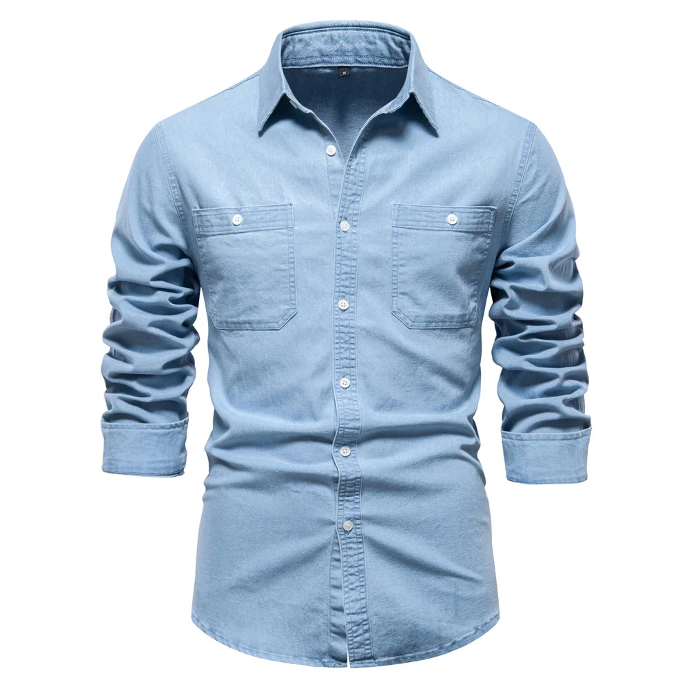 Men’s Autumn Denim Shirt – Slim Fit Cotton-Elastic Double Pocket