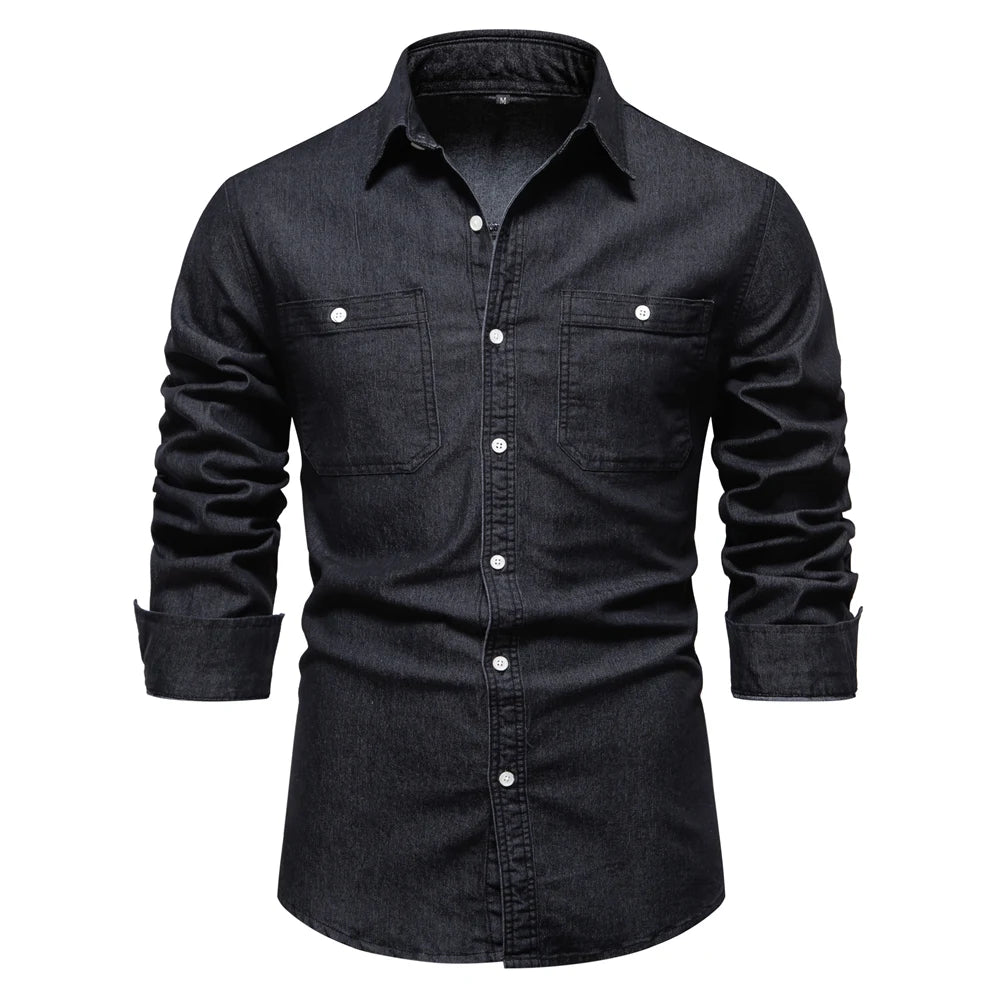 Men’s Autumn Denim Shirt – Slim Fit Cotton-Elastic Double Pocket