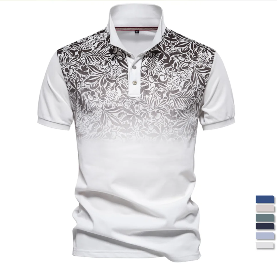 Men’s Gradient Printed Cotton Blend Polo Shirt – Summer Short Sleeve