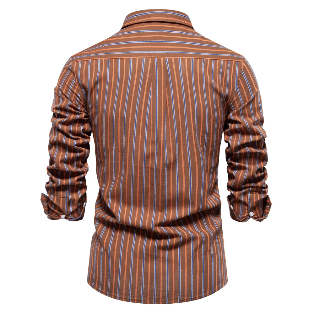 Men’s 100% Cotton Striped Shirt – Long Sleeve Turn-Down Collar Business Shirt