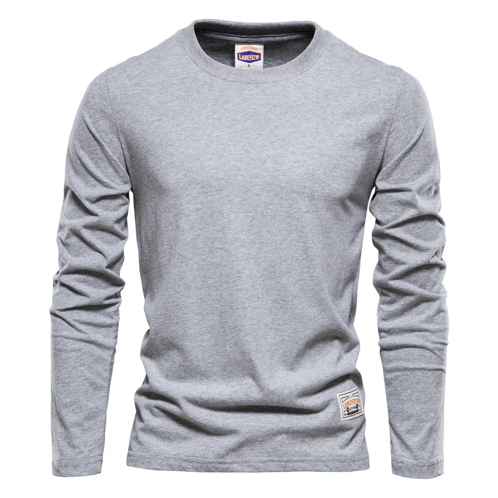 Men’s 100% Cotton Long Sleeve T-Shirt – Solid Casual Spring Classic