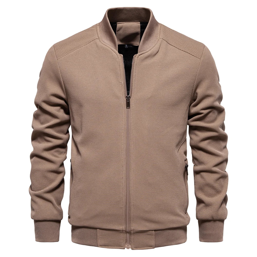 Men’s Waffle Fleece-Lined Bomber Jacket – Warm Zipper Pocket Outerwear