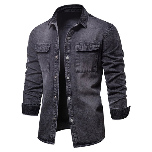 Men’s 100% Cotton Denim Shirt – Thick Long Sleeve Casual Button-Up