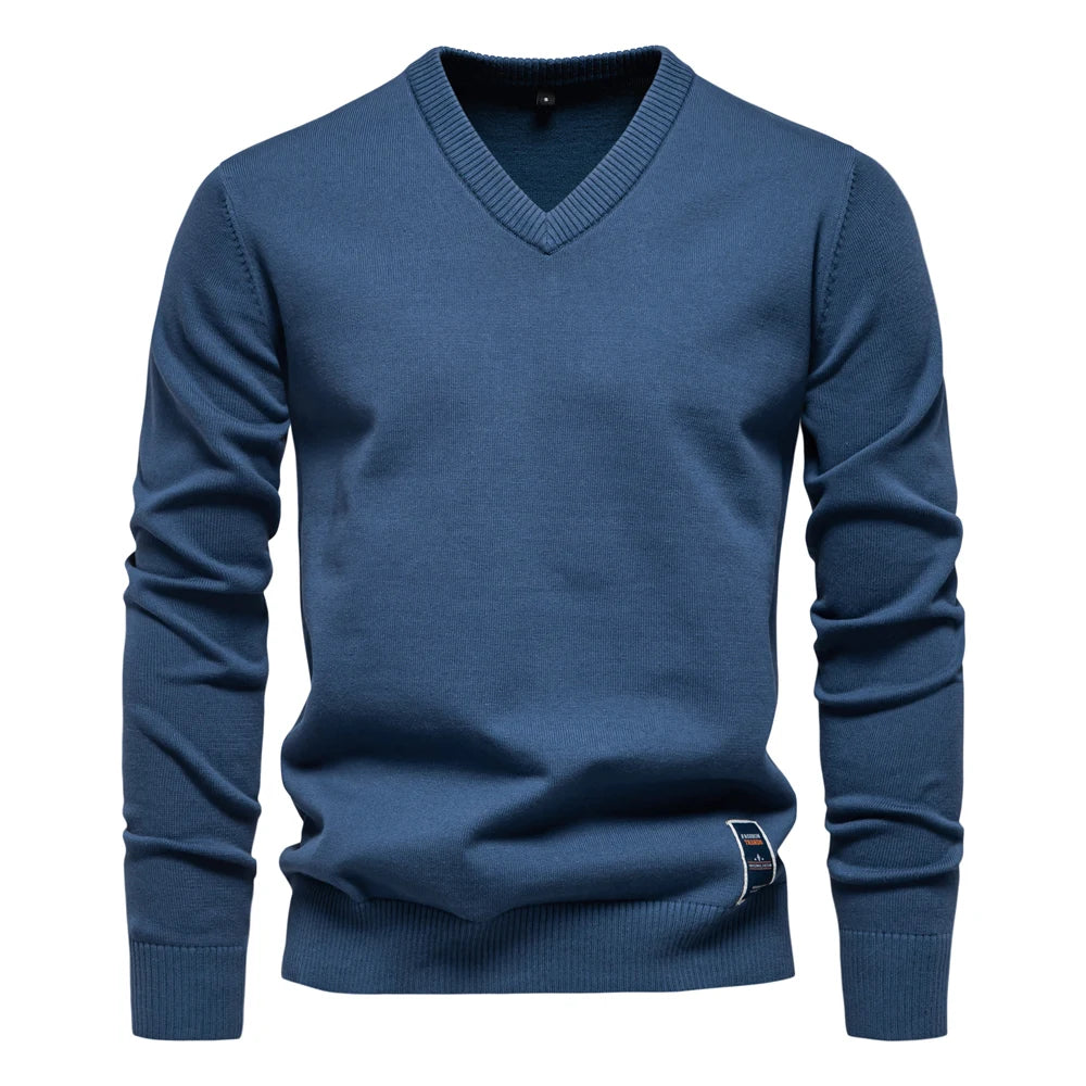 Men’s V-Neck Cotton Pullover Sweater – Casual Knitted Long Sleeve