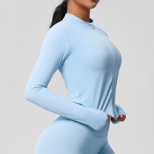 Women Solid Color Zipper Sports Jacket Long-Sleeved Crop Top Fitness Training Gym Top Tight Yoga Clothing Windproof Running Suit