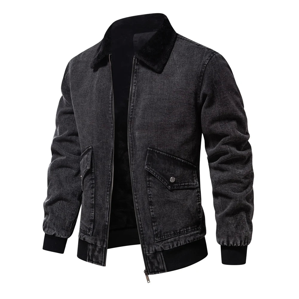 Men’s Autumn Winter Fleece-Lined Denim Jacket – Fur Collar Warm Coat