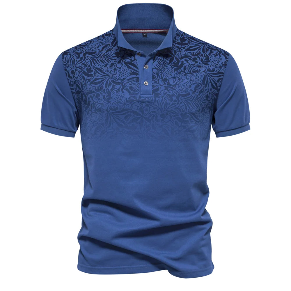 Men’s Gradient Printed Cotton Blend Polo Shirt – Summer Short Sleeve