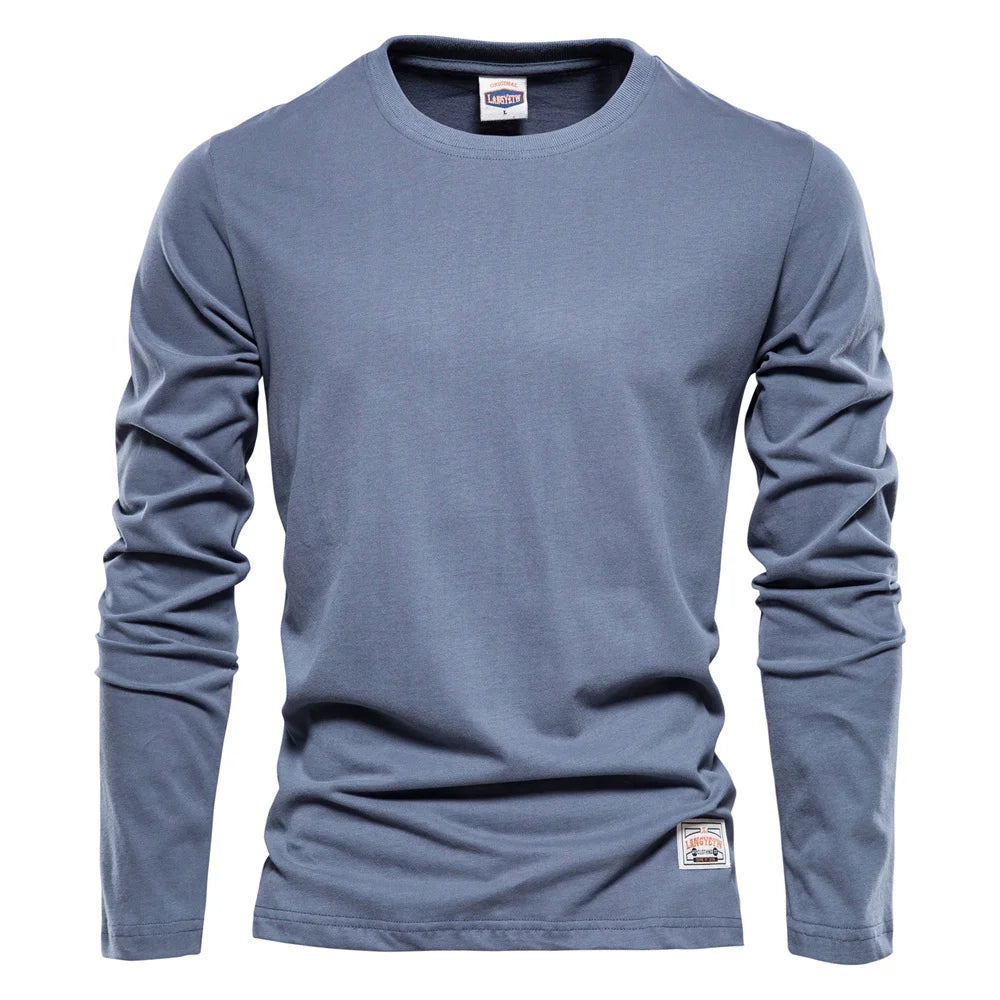 Men’s 100% Cotton Long Sleeve T-Shirt – Solid Casual Spring Classic