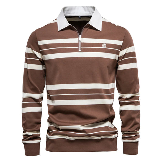 Men’s Cotton Striped Polo Shirt – Long Sleeve Zipper Design