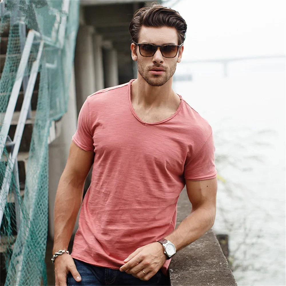 Men's 100% Cotton Slim Fit V-Neck T-Shirt