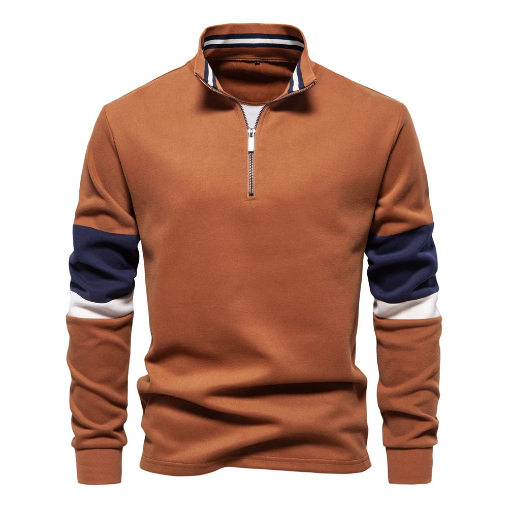 Men's Patchwork Quarter-Zip Sweatshirt - Cotton-Blend Casual Pullover