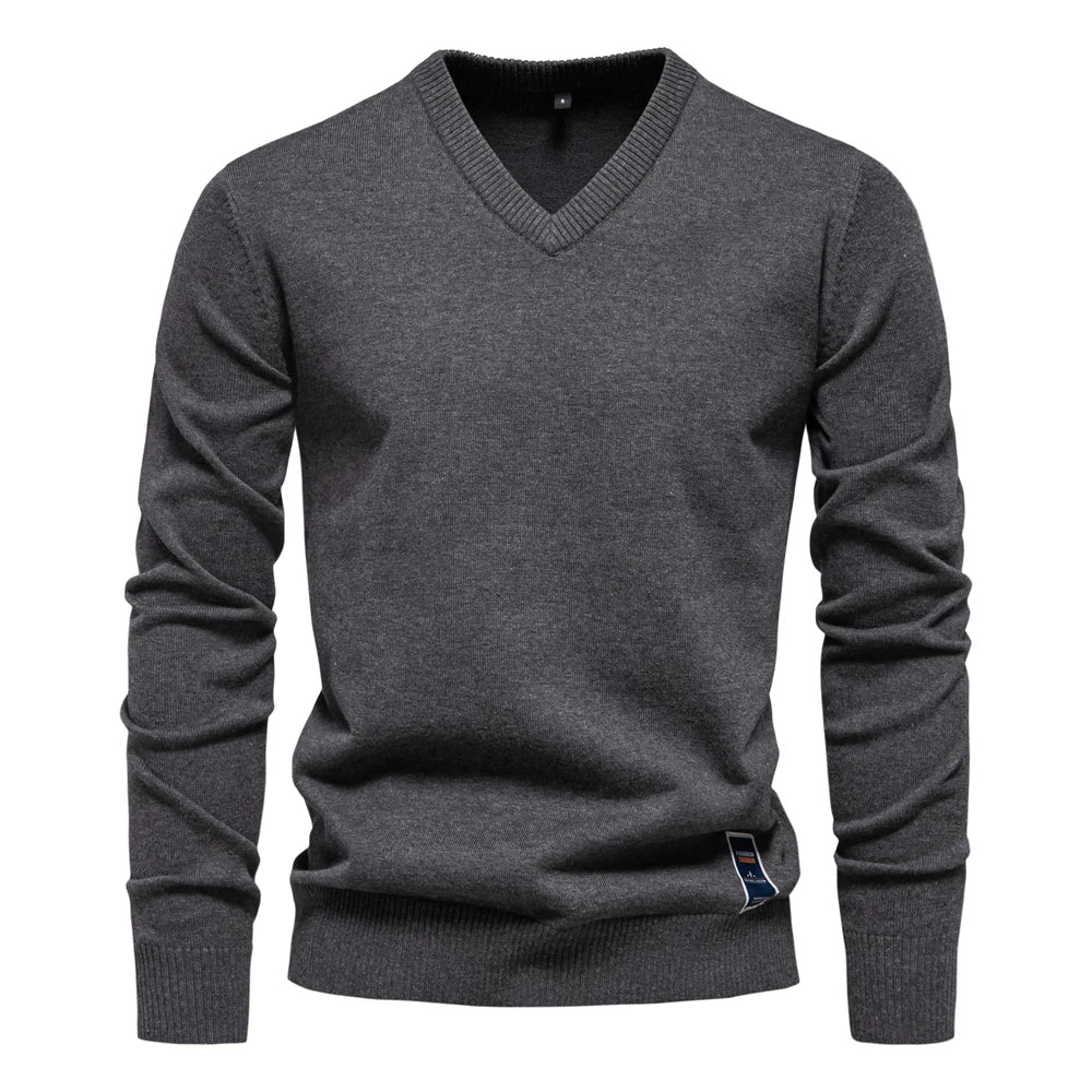 Men’s V-Neck Cotton Pullover Sweater – Casual Knitted Long Sleeve