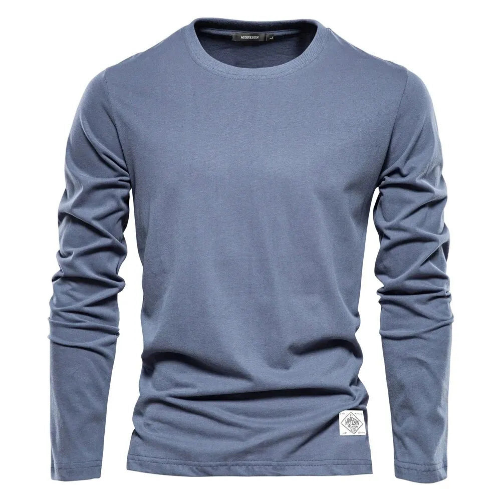 Men’s 100% Cotton Long Sleeve T-Shirt – Solid Casual Spring Classic