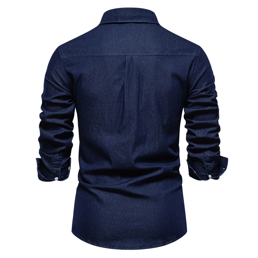 Men’s Autumn Denim Shirt – Slim Fit Cotton-Elastic Double Pocket