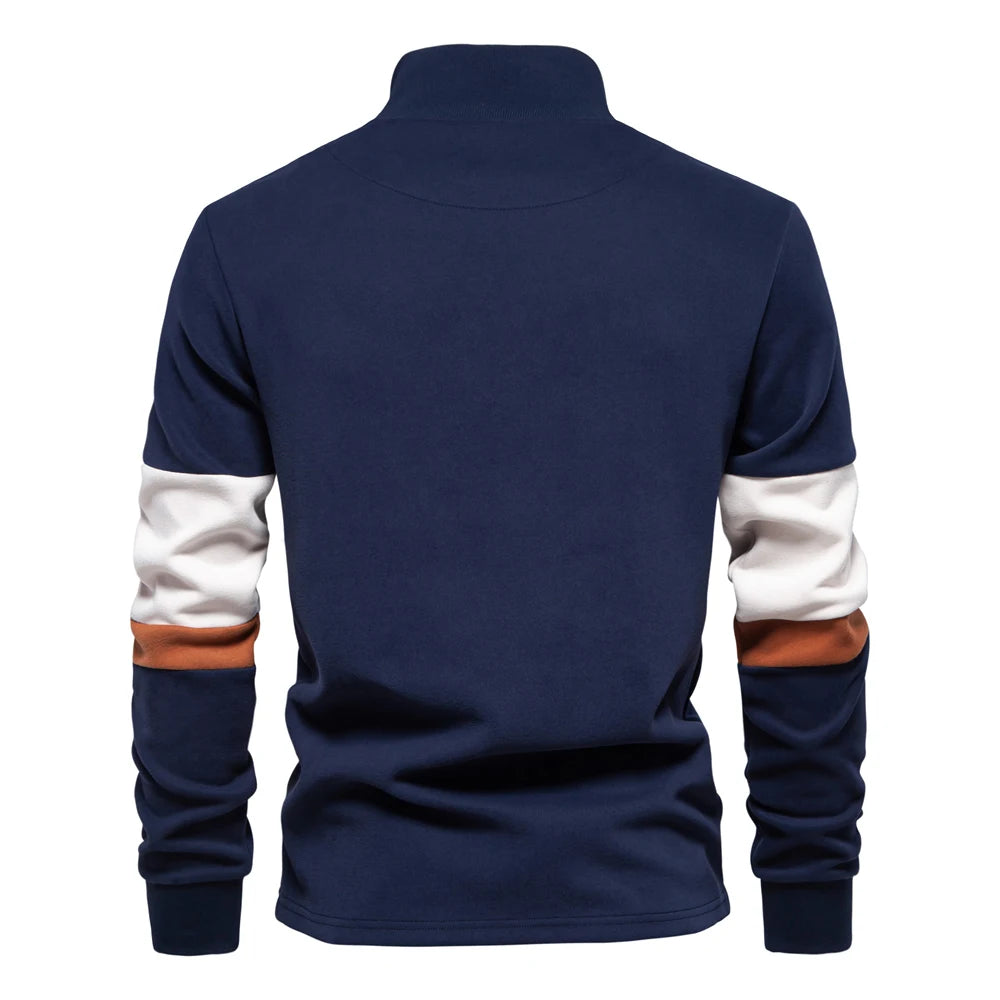 Men's Patchwork Quarter-Zip Sweatshirt - Cotton-Blend Casual Pullover