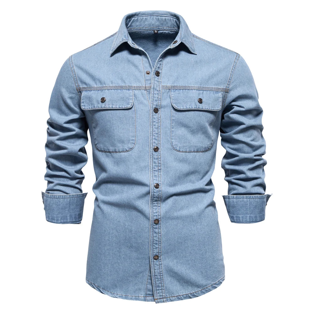 Men’s 100% Cotton Denim Shirt – Long Sleeve Casual Western Style