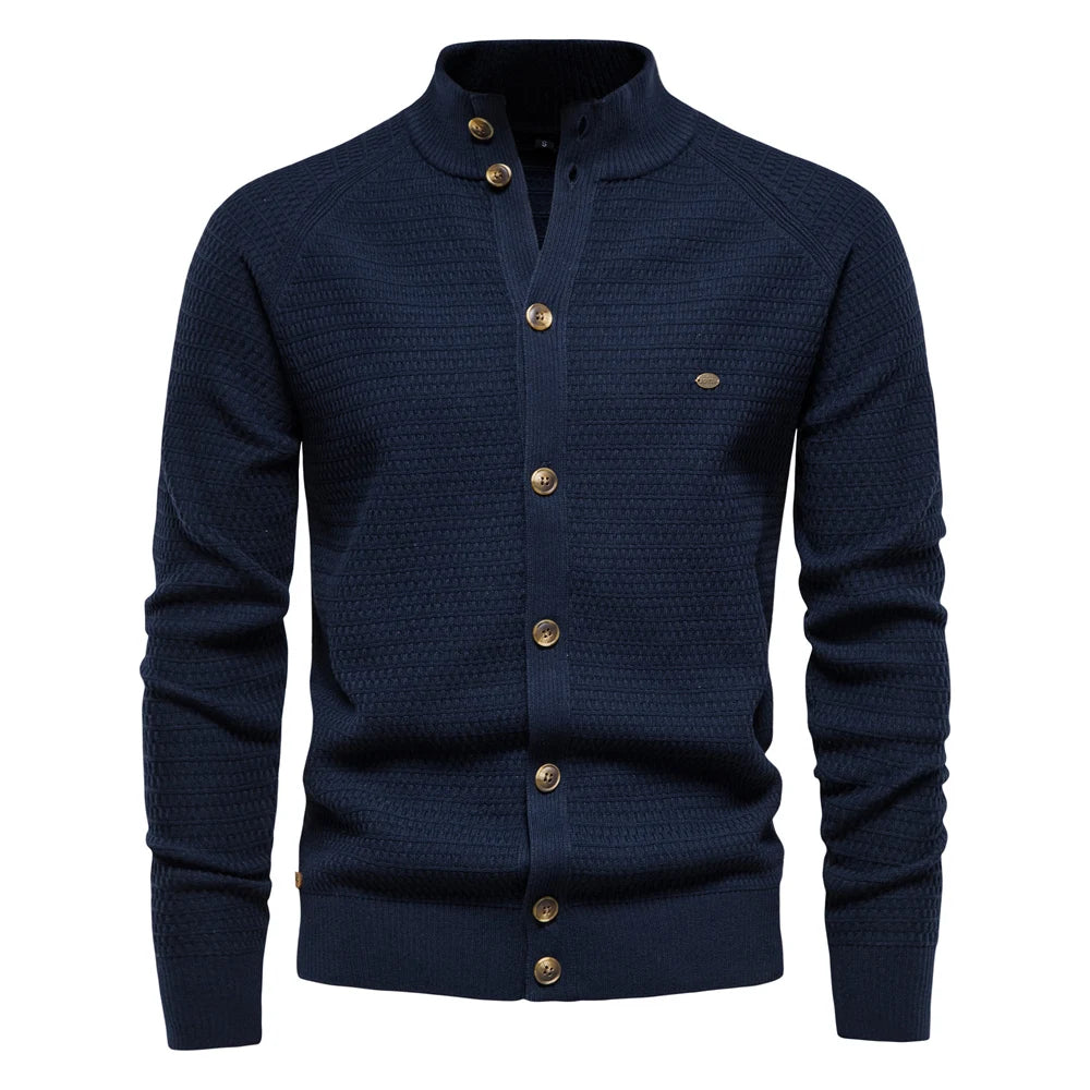 Men’s High-Quality Cotton Button Mock Neck Cardigan – Winter Sweater