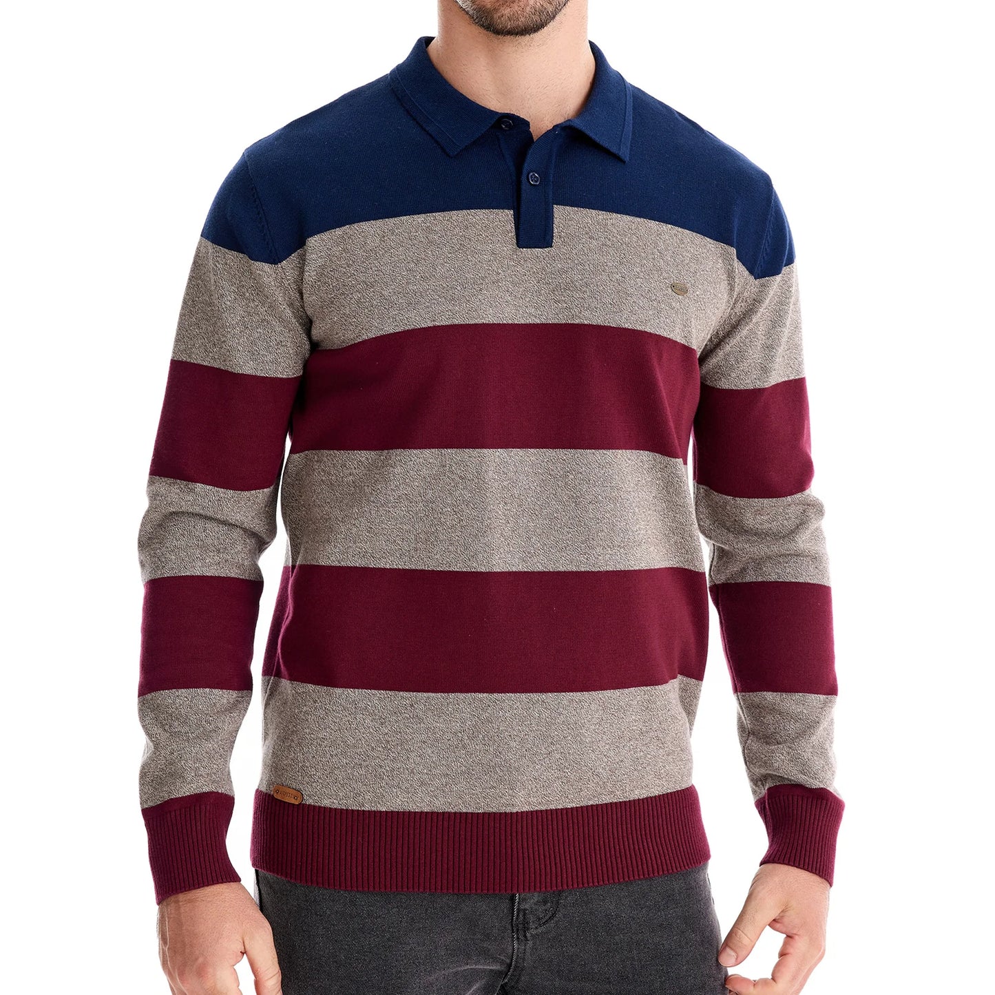 Men's Striped Cotton Knit Sweater – Polo Collar Button-Up