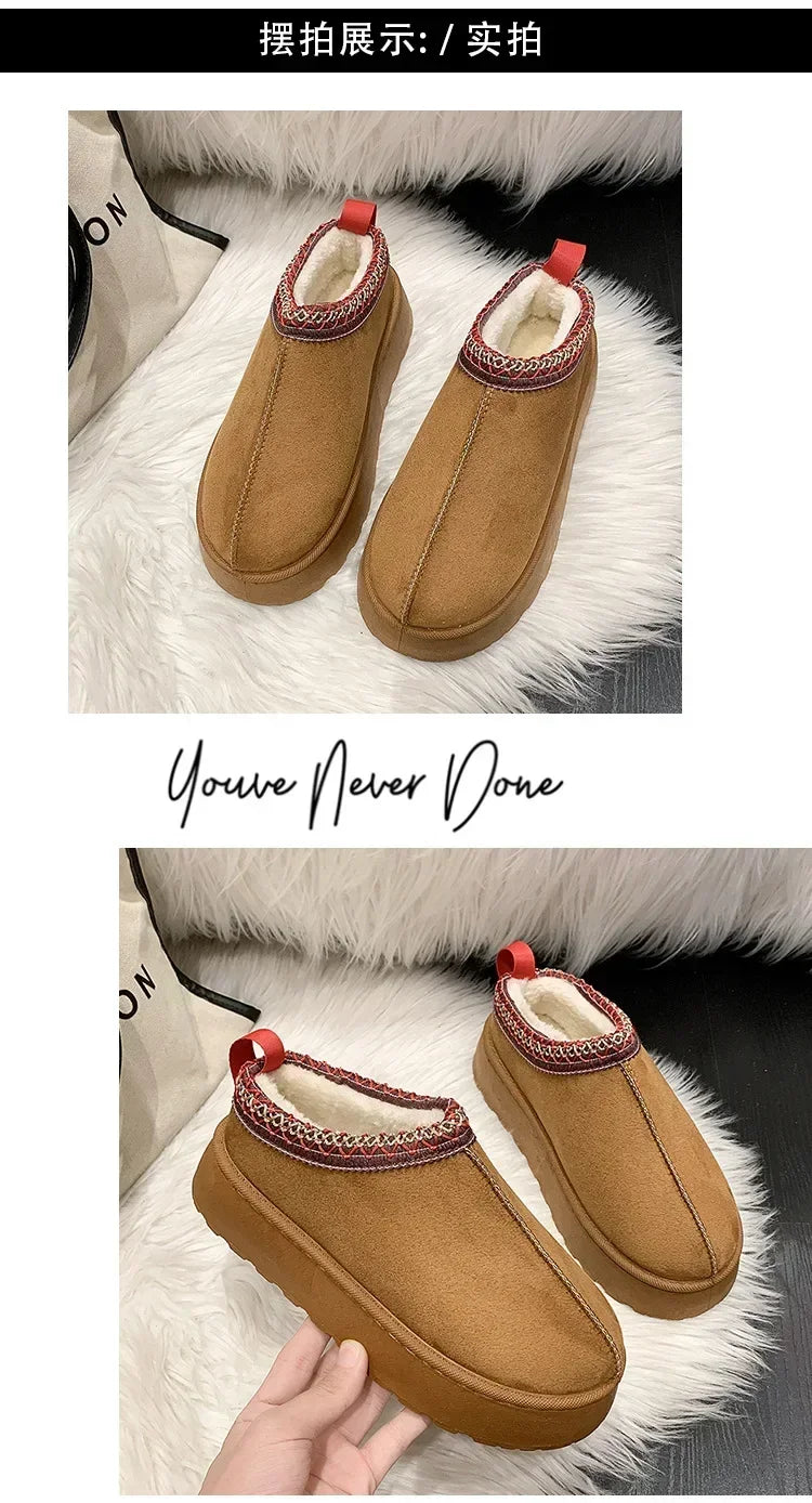 Women’s Cashmere Snow Boots – Warm Winter Half Slippers with Thick Soles