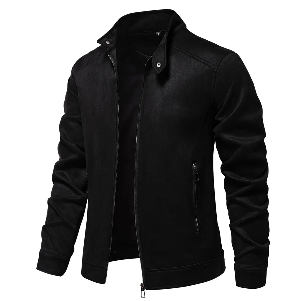 Men’s Stand Collar Zip Suede Jacket – Casual Faux Leather Trucker Coat