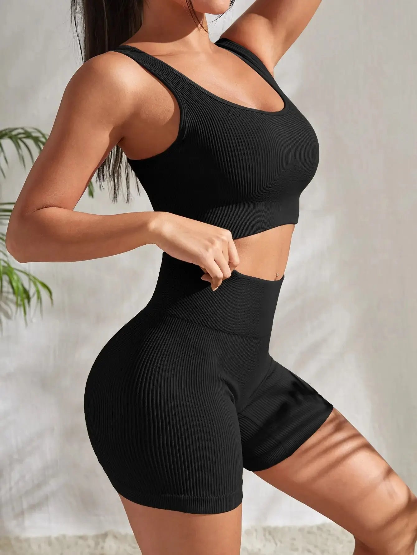 Seamless Ribbed Set – Crop Tank & High-Waist Shorts