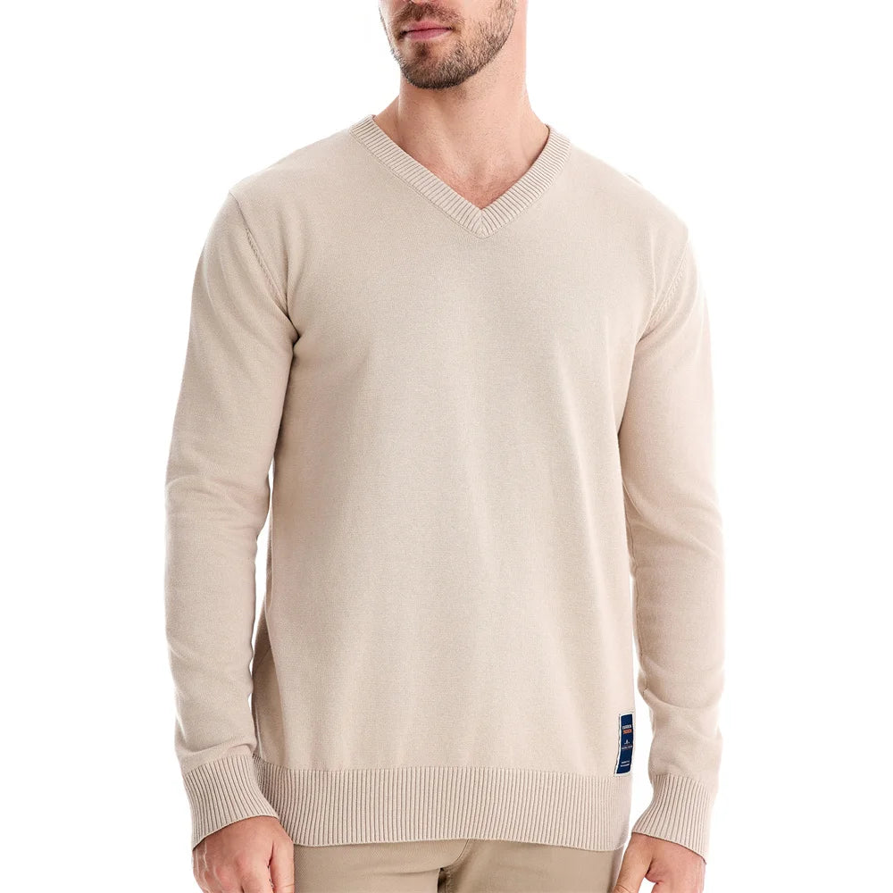 Men’s V-Neck Cotton Pullover Sweater – Casual Knitted Long Sleeve