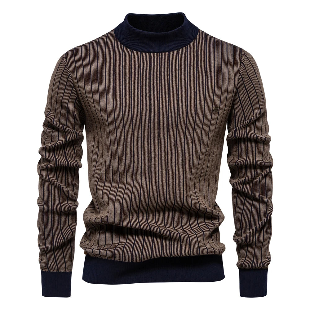 Men’s Mock Neck Cotton Pullover Sweater – Warm Striped Knit