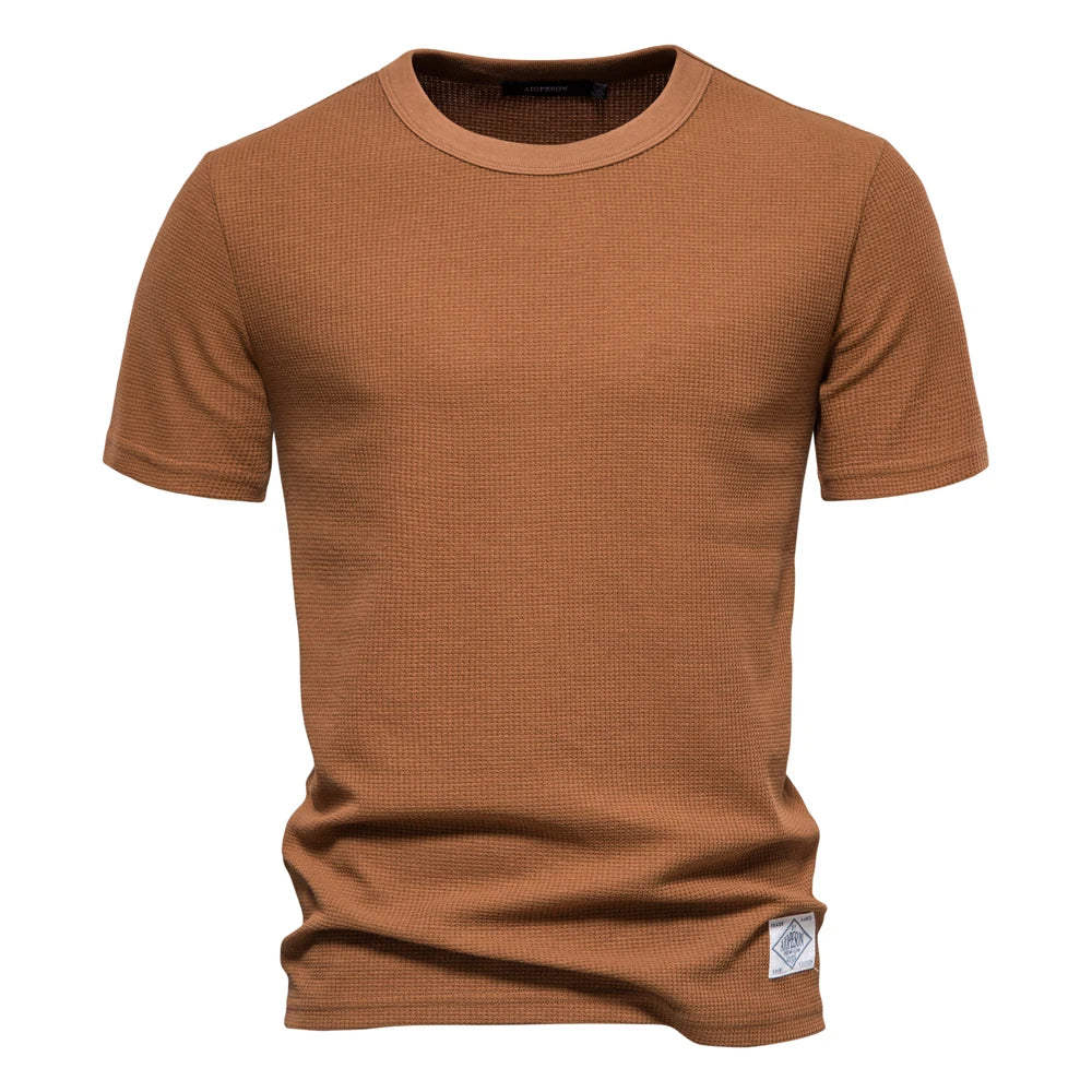 Men's Solid Color Waffle T-Shirt – Casual Short-Sleeve Travel Wear