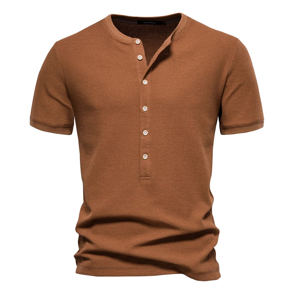 Men’s Cotton Waffle Henley T-Shirt – Solid Color Short Sleeve