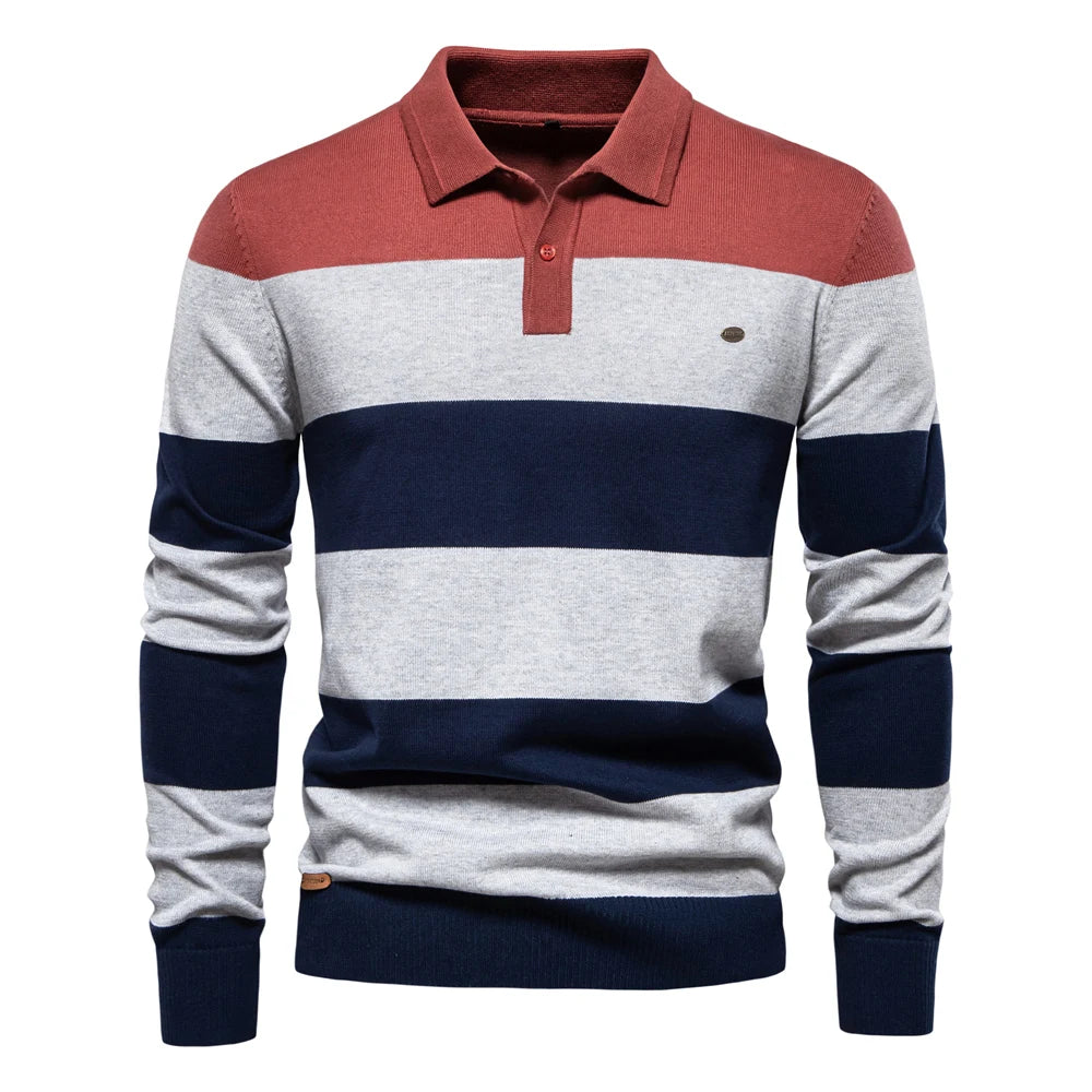 Men's Striped Cotton Knit Sweater – Polo Collar Button-Up